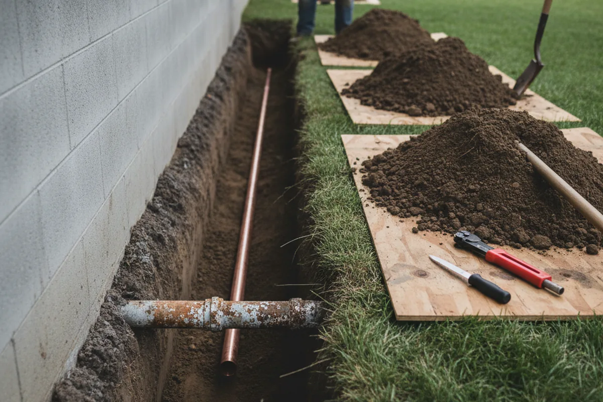 Excavated water line trench during Water Softener Installation in Lawndale